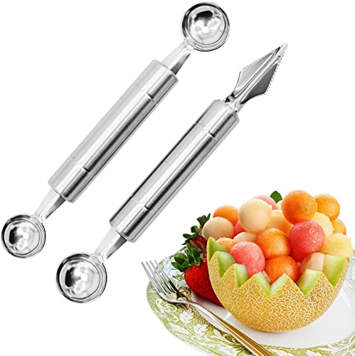 2PCS Melon Baller Scoop, Stainless Steel Double-Headed Fruit Baller Spoon and Fruit Carving Cuter, DIY Watermelon Cantaloupe Ice Cream Tool for Party Decoration