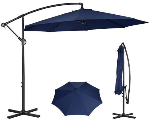 Panana 3M Cantilever Garden Parasol, Outdoor Banana Hanging Umbrella with Crank Handle and Tilt, UV Protection Sun Shade Canopy Offset Parasol for Poolside, Deck, Patio and Balcony (Dark Blue)