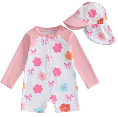 Geagodelia Toddler Baby Girl Swimsuit and Hat Zip Up Long Sleeve All in One Swimming Costume UV Sun Protection Swimwear One Piece Swimming Suit Rash Guard Sunsuit (Floral Bows Light Rose, 3-4 Years)