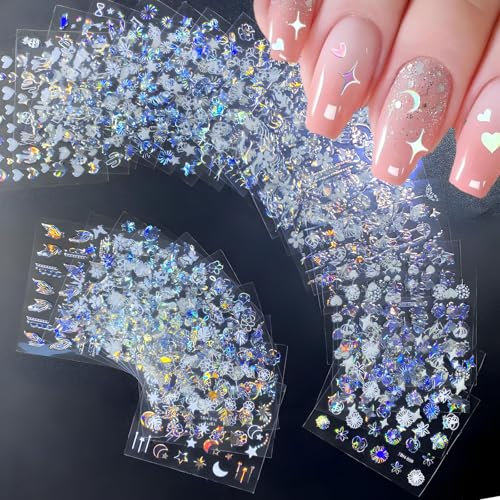 Lilbitty 30 Blatt Aurora-Nagelkunst-Aufkleber, selbstklebende 3D-Blumen-Nagelaufkleber, Aurora-Mond-Stern-Nagelaufkleber für Nagelkunst, Blatt-Herz-Nageldesign für DIY-Acrylnägel-Dekoration