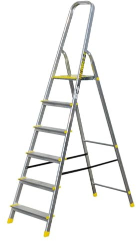 Bayersystem BS-DA6 120 Trittleiter mit 6 Stufen, Aluleiter, bis 120 kg belastbar, max. Arbeitshöhe 3,21 m, Klapptrittleiter mit Handlauf, Anti-Rutsch-Füße, Klapptritt für Haushalt, Silber/Gelb