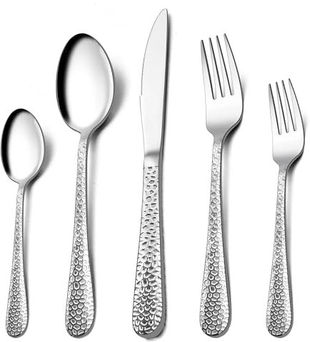 Homikit Besteck Set, 30-teilig Besteckset für 6 Personen, Edelstahl Gehämmertes Tafelbesteck, Essbesteck mit Messer Gabel Löffel für Familie Party Restaurant, Rundrandgriff & Spülmaschinengeeignet