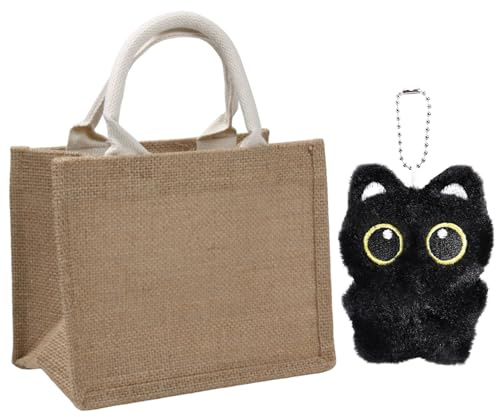 FDRJKN 2-Piece Set Shopping Bags, Jute Tote Bag with Black Cat Plush, Beach Bag, Picnic Bag, Hessian Shopping Bags, Plain Tote Bags, Small Jute Bag for Women, Everyday Use