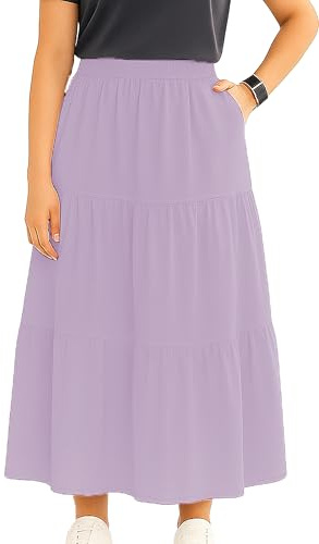 L S U Ladies Summer Maxi Skirt High Waist Ruffle Pleated Gypsy Long Dress Casual A-Line Beach Skirt (Lilac 4XL)