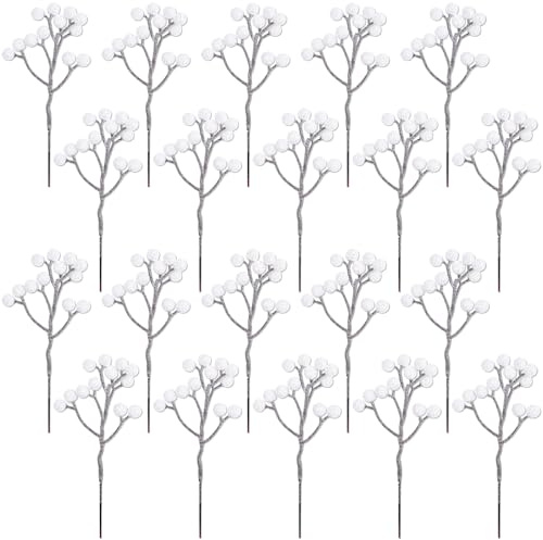 Fangoo 20 Pack 18 cm Christmas Artificial White Berries Stems Holly Berries Burgundy Berries Picks Berry Branches for Christmas Tree Xmas Wreath Crafts Wedding Home Decoration