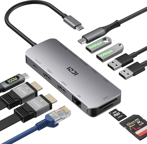 Docking Station Gigabit Ethernet, 11-in-1 USB C Hub con 2 HDMI 4K@30HZ, 2 USB-A 3.0/10Gbps USB C 3.2 e USB A 3.2, PD 100W, SD/TF, 1000M RJ45 Lan, Multiporta USB Adattatore per MacOS e Windows