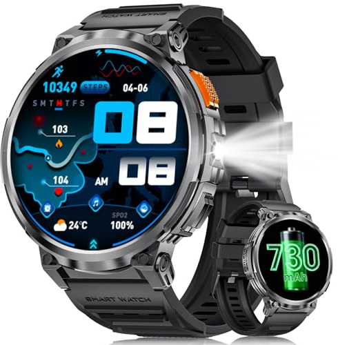 ESFOE Smartwatch Herren mit Taschenlampe,1.85“ HD Display,730 mAh,Telefonfunktion Fitnessuhr mit 133 Sportmodi,IP68 Smart Watch with Herzfrequenz, SpO2 für Android iOS