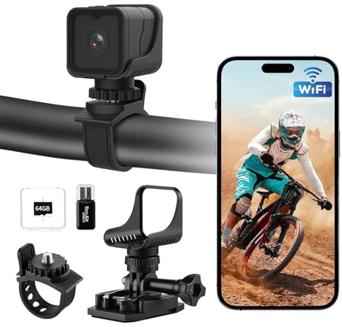 AIKER Dashcam Moto,Camara para Moto WiFi Mejorada Resistente Agua IP66,1080PHD&120°Gran Angular Camara Deportiva,Nivelación Automática De Cámaras Cascos De Motocicleta,y 64GB Tarjeta de Memoria