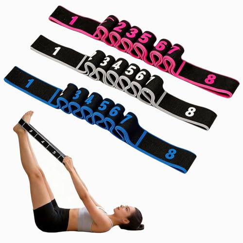 TIANCEWAN Fascia fitness con passanti, set da 3 pezzi, fascia da ginnastica con 8 anelli di regolazione, cintura da yoga in lattice di poliestere con passanti, portatile per yoga e ginnastica.