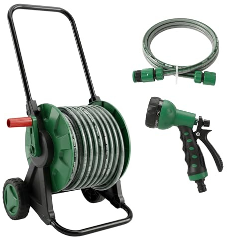 30M Garden Hose Pipe Reel Cart on Wheels | 28.5m Water Pipe | 1.5m Leader Hose | Hosepipe Trolley with Rewind Handle | 7 Mode Spray Gun | Freestanding | Tap Connectors | Car Pressure Washer Compatible
