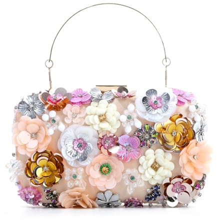 EVEOUT Clutch de 3D Flores Mujer Elegante Bolso de Mano de Noche de Cristal con asa y cadena para Boda Fiesta Baile