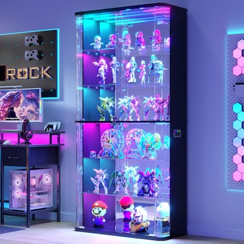 71 Tall Display Cabinet with Glass Doors, Rounded Curio Cabinet with Motion Sensor RGB Lights, 6-Tier Lockable Display Case for Collectibles & Action Figures, Trophy Case for Living Room,Black