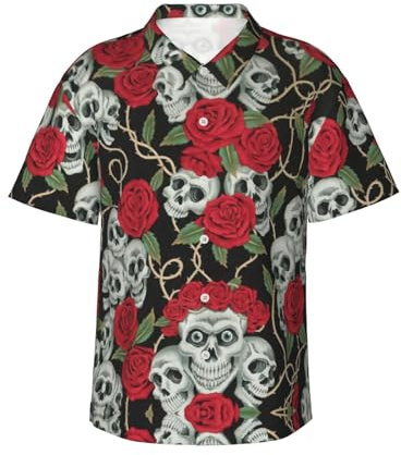 ASFgda Camisa hawaiana con estampado de calavera y rosa roja para hombre, manga corta, con botones, tropical, playa, verano, informal, con bolsillo