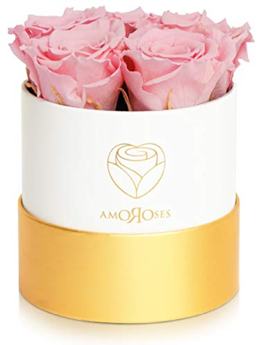 Amoroses Petite - Confezione Regalo 5 Rose Stabilizzate Eterne - Elegante Bouquet di Fiori Veri | Festa della mamma (Petite Scatola Bianca con Rose Rosa)