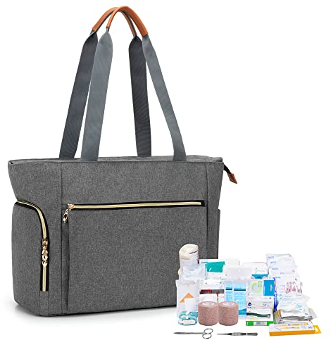 CURMIO Aufbewahrungstasche für Krankenschwester, Erste Hilfe Sets Tasche, Tragebare Medizinische Tasche mit gepolstertem Laptopfach, (Keine medizinisches Instrument enthalten), Grau