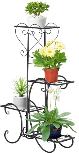 Outsunny Blumenständer Blumenregal aus Metall 4 Ebenen Pflanzenregal Blumentreppe Blumenständer für innen und außen Garten Balkon Schwarz 45 x 24,5 x 80 cm