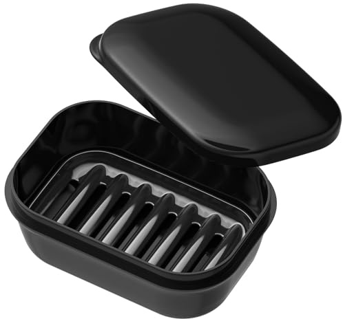 Quatish Leakproof Soap Dish with Lid & Draining Layer, Shatterproof Travel Bar Soap Holder Case Container, Portable Travel Size Toiletries Essentials for Camping, Gym, Bathroom, Black
