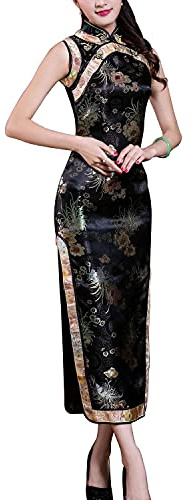 Costume da donna Cheongsam a maniche lunghe vintage floreale con spacco laterale alto slim fit colletto alla coreana vestito da cocktail cinese Qipao, 44-nero, XL