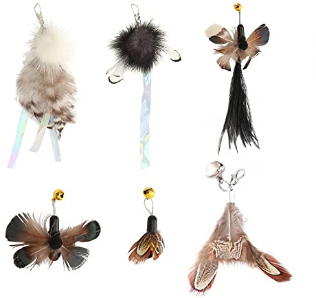 DONGKER Katzenspielzeug Feder, 6 Stück Katzenangel Ersatzfedern, Interaktives Katzen Spielzeug Feder Anhänger mit Glocke für Katzenangel
