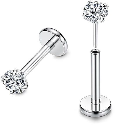 FIOROYAL 𝗚𝟮𝟯 Titan Lippenpiercing 16G 20G Nasenpiercing Gewindelose Push In Medusa Piercing 3mm CZ Opal Flat Piercing Ohr 6/8MM Helix Piercings Silber Helix Conch Labret Tragus Piercing Stecker