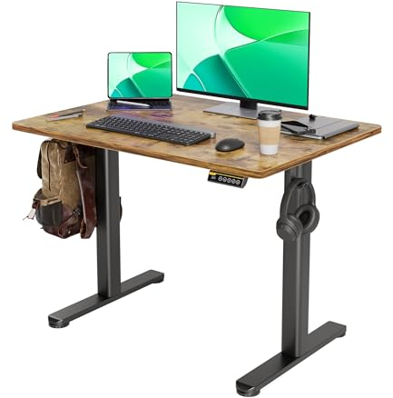 Claiks Electric Standing Desk, Adjustable Height Stand up Desk, 100x60 cm Sit Stand Home Office Desk with Splice Board, Black Frame/Brown Top