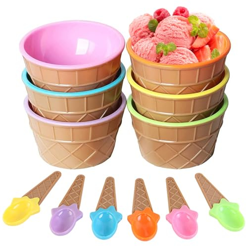 Gearmax 6 Stücke Eisbecher für Kinder, Niedlich Bunte EIS-Schalen Eiscreme Schüssel Set, Eisbecher Dish Cup mit Löffeln für Essen, Obst, Joghurt, Familie, Camping, Weihnachten Party