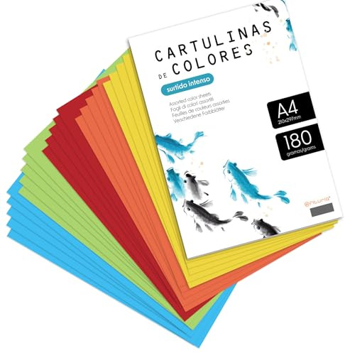 Färgat papper, färgkartong A4 i pastellfärger, färgade blad 180 g för hantverk, utskrift av dokument och kreativa mönster, blad A4 · m-kontor (x 50, intensivt sortiment)