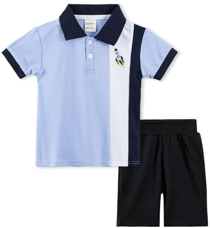 Volunboy 2-delat set med babykläder, sommarkläder, outfit, kortärmad pikétröja, topp + shorts, klädset för pojkar, blå, 4-5 År