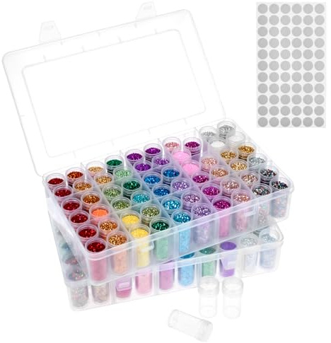QWORK® Scatola portaoggetti per Pittura con Diamanti, 120 Piccoli barattoli Rotondi, con Etichette, per Accessori Diamond Art