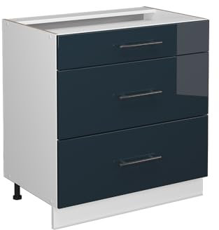 Vicco Küchenunterschrank Fame-Line, Dunkelblau Hochglanz/Weiß, 80 cm mit 3 Schubladen, ohne Arbeitsplatte
