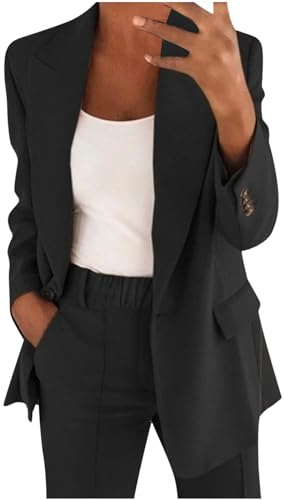 Flodxo Women's 2 Piece Suits & Blazers: Long Sleeve Jacket & Straight Leg Trousers - Elegant Work Business & Casual Solid Formal Suits - Office Outerwear - Black