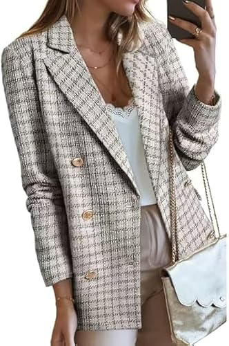 FM2018XSL Women's Tweed Jackets, Open Front Plaid Tweed Suit Jacket, Casual Long Sleeve Office Jacket Blazer with Pockets Elegant Coat