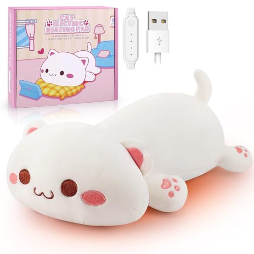 Coussin chauffant électrique pour soulager la douleur, cou, épaules, dos, unisexe, alimenté par USB, couverture en peluche en forme de chat (blanc)