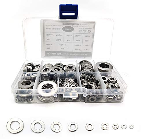 Arandela Plana, 684 Piezas Arandelas Planas de Arandelas Acero Inoxidable en una Caja de Almacenamiento, Arandela de bloqueo, Juego de Anillo de Sellado Plano - M2 M2.5 M3 M4 M5 M6 M8 M10 M12
