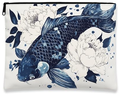 Neceser artístico floral con diseño de peces de carpas y peonías, bolsa de viaje para mujer, organizador de maquillaje portátil de lona con cremallera, neceser de primavera para el cuidado de la piel