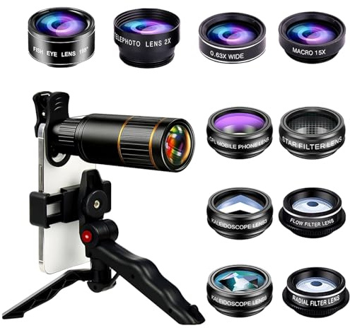 XineYuor Obiettivo per fotocamera 11 in 1, obiettivo per cellulare con treppiede, 22 teleobiettivi, 0,63 x larghi, lenti fisheye a 198°, 15 x telefoni cellulari, caleidoscope lens6 – per la maggior