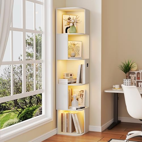Gurexl 165 CM LED Vitrina con Sensor,Armario de Colección de Esquina con 5 Niveles con 3 Colores LED,Estantería de Pie con Compartimentos Abiertos Asimétricos para Sala de Estar,Oficina,Blanco