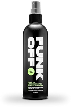 Funk Off PRO Sports Footwear & Kit Sanitising Antibacterial Spray- Shoe deodoriser, Odour Eliminator. Hypochlorous Acid Spray for All Sports Footwear, kit & Equipment. Kills 99.999% Bacteria. 250ml