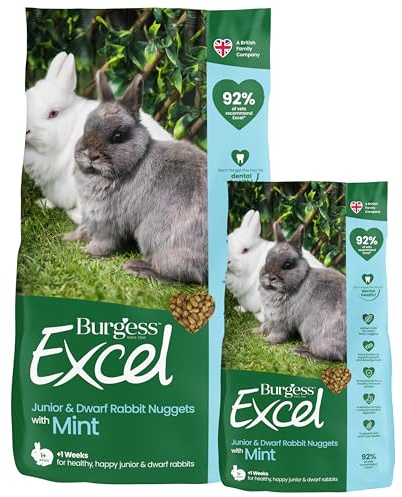 Burgess Excel Junior & Dwarf Rabbit Food with Mint, 10.5kg – Junior Rabbit Nuggets – High Fibre, Dwarf Rabbit Pellets (Mixed Pack of 2)