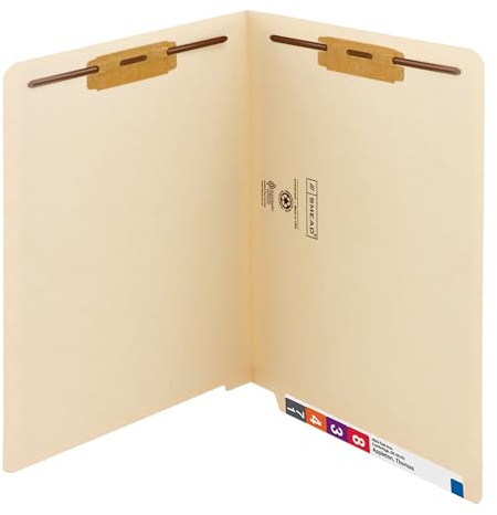 Smead Heavyweight End Tab Fastener File Folder, Shelf-Master® Reinforced Straight-Cut Tab, 2 Fasteners, Letter Size, Manila, 50 per Box (34215)