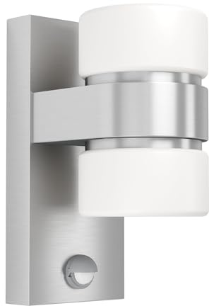 EGLO LED utomhusvägglampa Atollari, 2-flammig utelampa med rörelsesensor | sensorvägglampa i aluminium, rostfritt stål och plast, färg: silver och vit, IP44