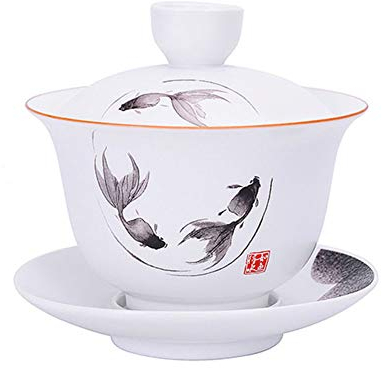 Gaiwan Tasse à thé en porcelaine émaillée blanche 236,8 g Soupière chinoise Sancai couvercle bol à lèvres soucoupe (poisson)