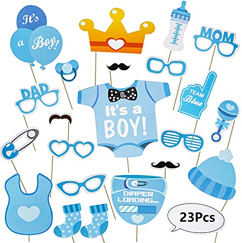 AIBAOBAO 25 Pezzi Decorazioni per Baby Shower, Photo Booth Props Puntelli per Giochi, Occhiali Baffi Labbra Farfallino Cappelli Gender Reveal Party Baby Shower, Feste (è un ragazzo)
