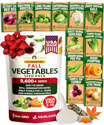 HOME GROWN 12 Fall Vegetable Seeds 9600+ Heirloom Non-GMO, High Germination, Cold Hardy Frost Tolerant Cool Season Garden, Beets, Kale, Cabbage, Peas, Broccoli, Lettuce, Onions (12 Varieties)