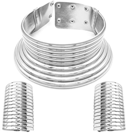 COLORFUL BLING African Statement Choker Snap Necklaces Bangle Jewelry Set Egypt Long Neck Collar Chunky Wide Leather Bracelet Stud Earring for Women-silver