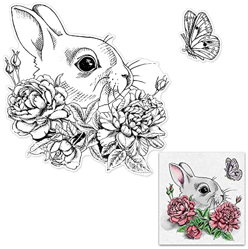 Hying Bunny Background Clear Stamps for Card Making and Photo Album Decorations, Rabbit Silicone Stamps Spring Flowers Butterfly Transparent Rubber Stamps Seal for DIY Scrapbooking Supplies