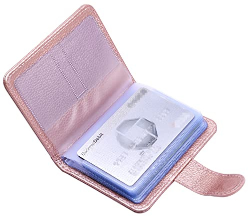 wisdompro Credit Card Holder for Women/Men, PU Leather RFID Blocking Debit Card Wallet ID Bank Card Case with Magnetic Shut (Build in 20 Card Slot)-Rose Gold