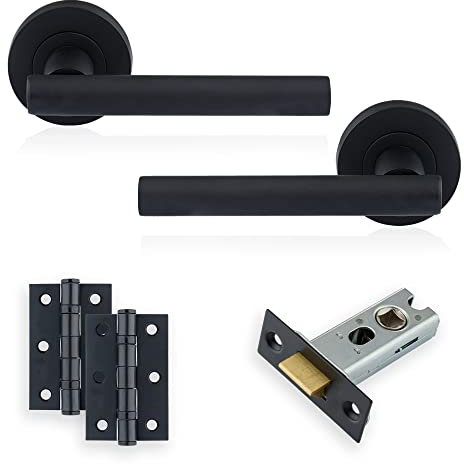 XFORT Matt Black Liberty Lever On Rose Latch Pack, Complete Set with T-Bar Door Handles, 65mm Tubular Latch and 75mm Ball Bearing Hinges, Door Handle Set for Home and Office.