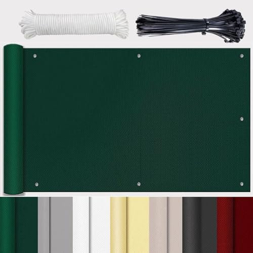 Windschutz Balkon Ohne Bohren Balkonabdeckun Windschutz Balkonbespannung Wetterfest UV-Schutz Blickdichter Balkonsichtschut für Terrasse Balkongeländer Garten Dunkelgrün 105x800cm