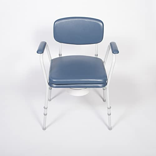 NRS Dovedale Comfort Commode – Height Adjustable, Flat-Pack Design with Padded Seat, Arms & Backrest (Blue/White)